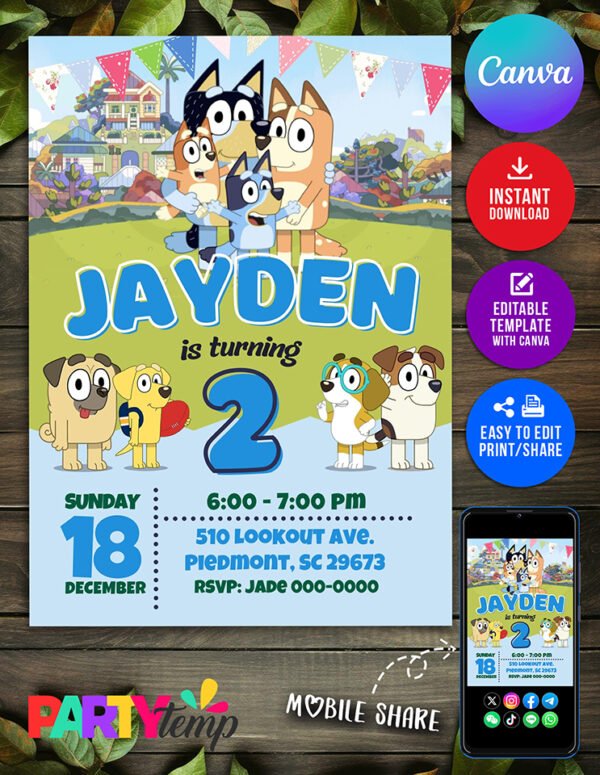 Bluey Birthday Invitation Template Easy Edit in Canva