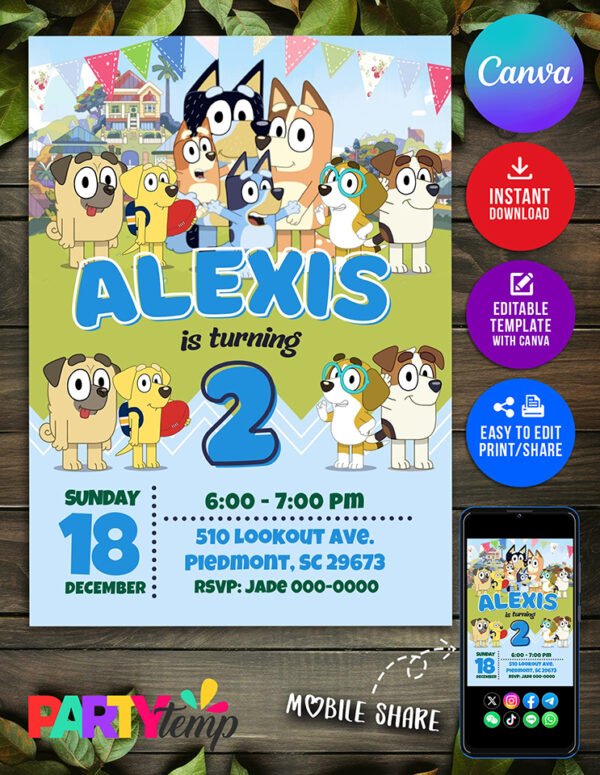 Canva Desgins Bluey Birthday Invitation Template