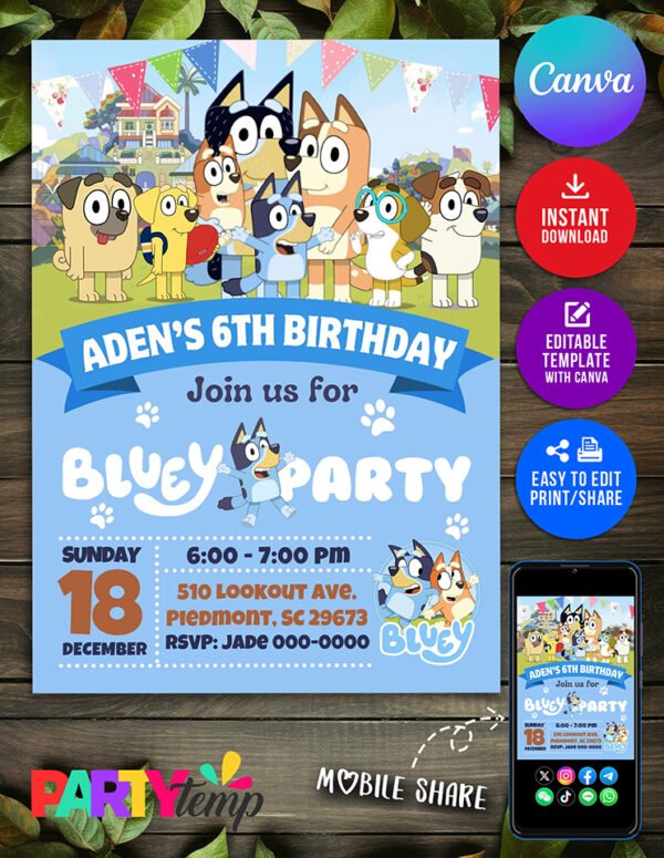 Latest Bluey Birthday Invitation Canva Template