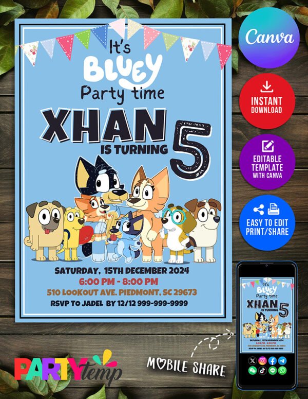 Bluey Birthday invitation Designed in Free Canva Account
