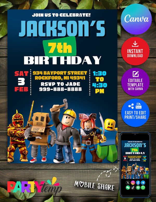 Best Digital Roblox Birthday Invitation Template in Canva