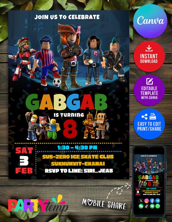 Amazing Digital Roblox Game Birthday Invitation
