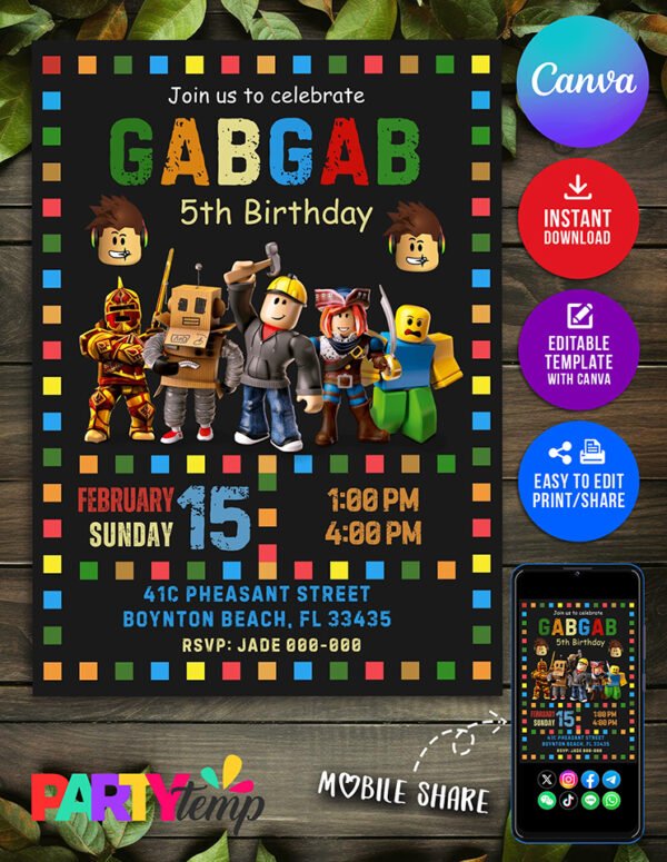  Digital Roblox Game Birthday Invitation Canva Edition