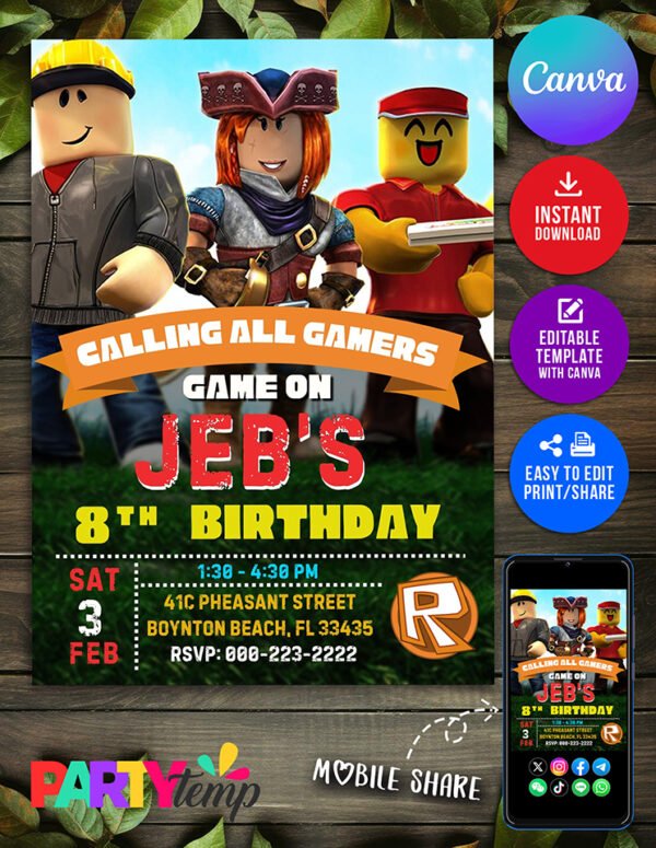 Cute Design Roblox Birthday Invitation