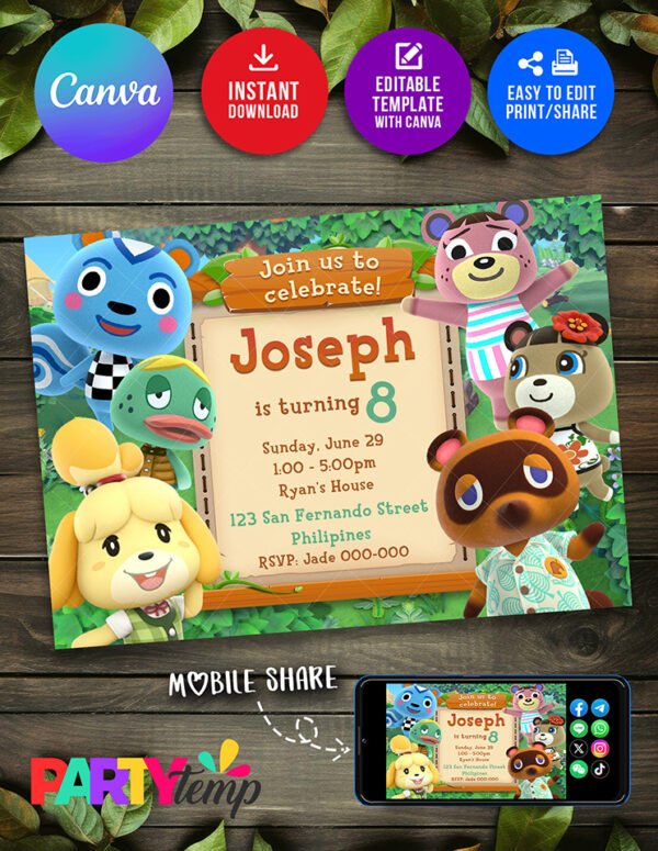 Digital Animal Crossing Birthday Party Invitation Templates