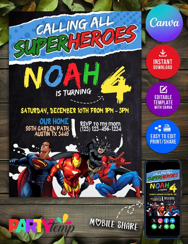 Animated Avenger Birthday Invitation Editable in Canva