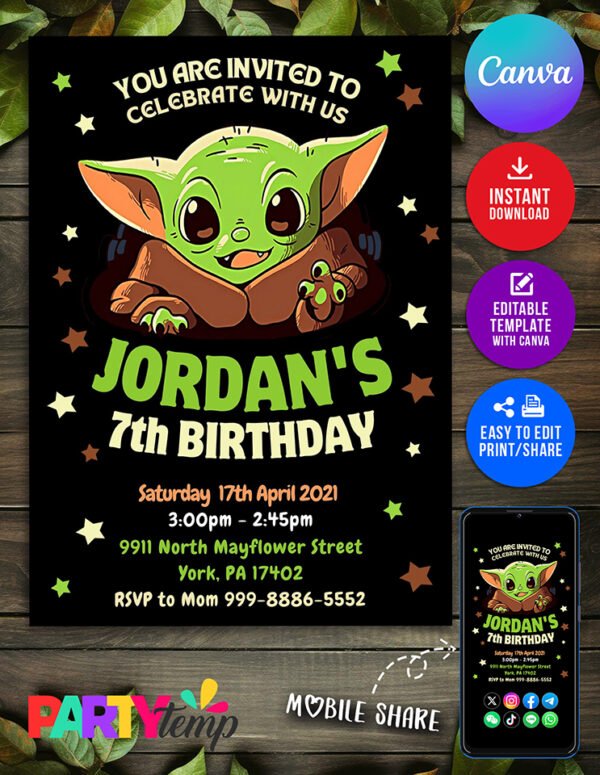 Baby Yoda Birthday Invitation Fully Editable in Canva