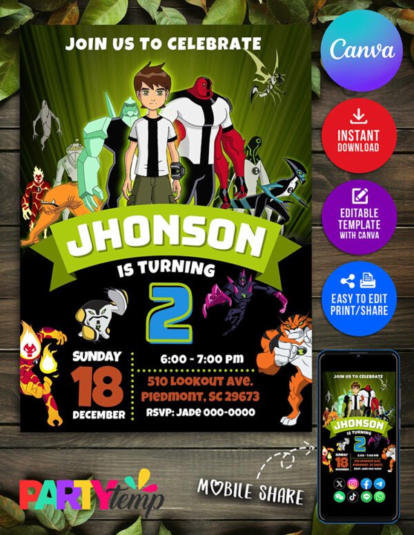 Canva Editable Ben 10 Birthday Invitation