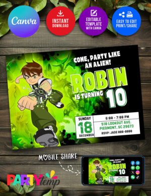 Ben 10 Birthday Invitation Template in Canva