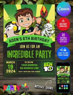 Ben 10 Birthday Party Invitation Design Editable in Canva