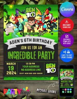 Amazing Ben 10 Birthday Invitation Design in Canva