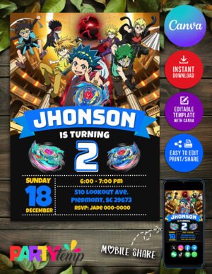 Beyblade Birthday Invitation Template in Canva