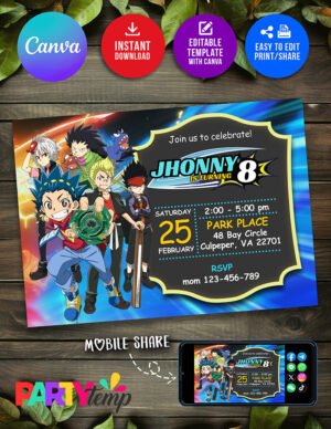 Beyblade Birthday Invitation in Canva Template