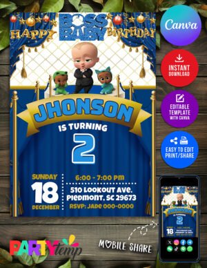 Digital Boss Baby Birthday Invitation Personalize in Canva