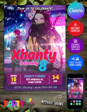 Digital Nezuko Kamado in Demon Slayer Birthday Invitation