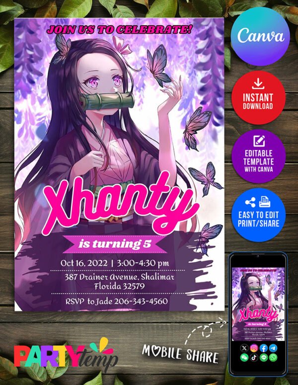 Nezuko Kamado in Demon Slayer Birthday Invitation