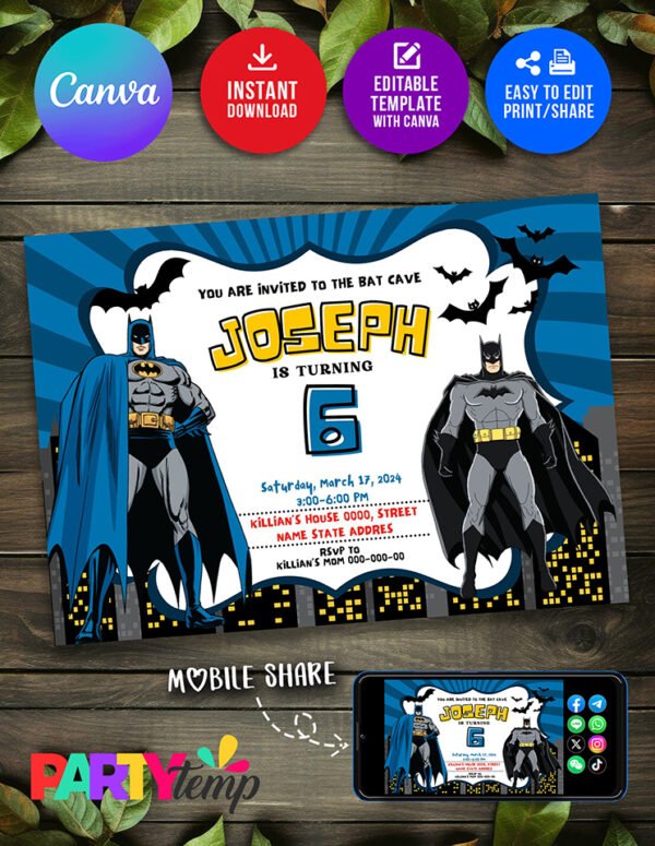 Batman Theme Birthday Invitation Fully Customize in Free Canva