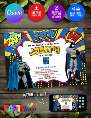 Digital Batman Birthday Invitation Fully Editable in Canva