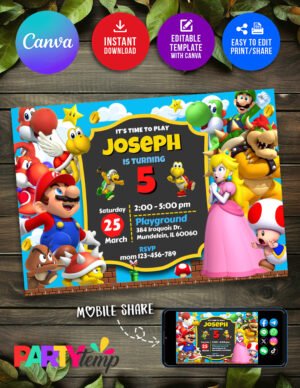 Amazing Super Mario Birthday Invitation in Free Canva Account