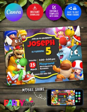 Digital Card Super Mario and Luigi Birthday Invitation Canva Editable