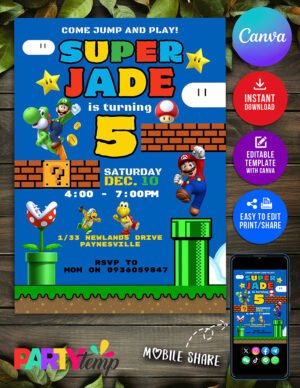 super mario and luigi Birthday Invitation Canva Editable