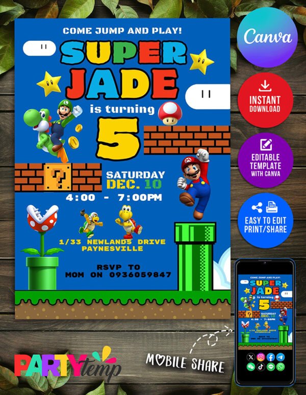 super mario and luigi Birthday Invitation Canva Editable