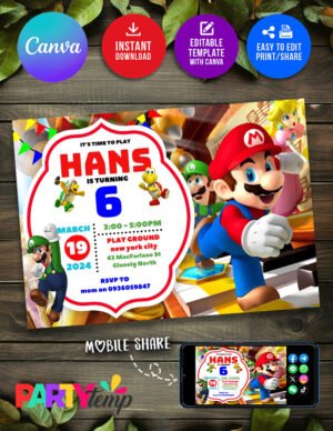 Cute Design Super Mario Bros Birthday Invitation Editable in Canva