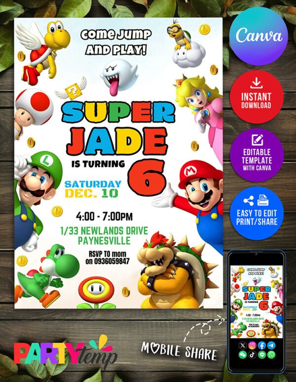 Digital Super Mario Bros Birthday Invitation