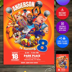 Space Jam Theme Birthday Invitation