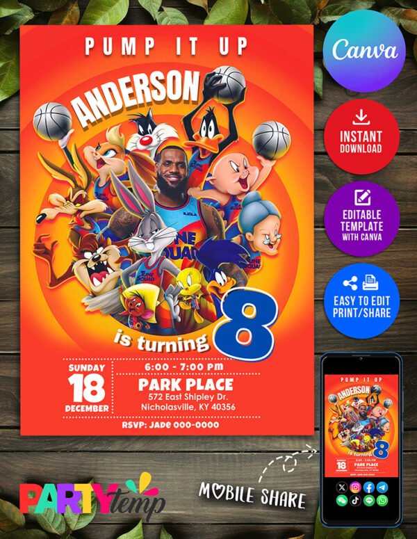 Space Jam Theme Birthday Invitation Fully Editable