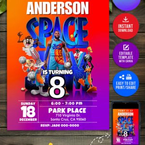 Space Jam Digital Birthday Invitation Editable in Canva