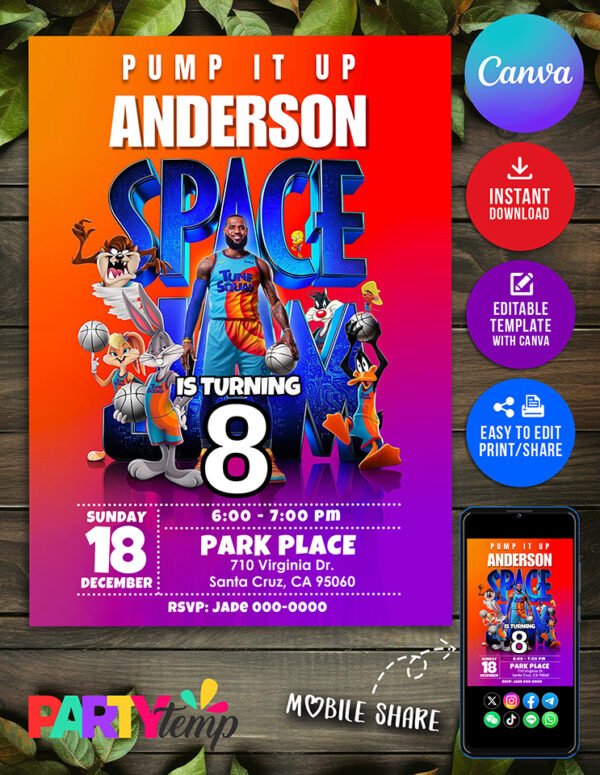 Space Jam Digital Birthday Invitation Editable in Canva