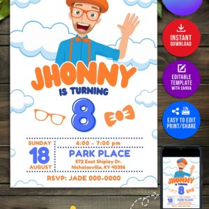 Cute Blippi Birthday Invitation Design in Canva