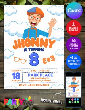 Cute Blippi Birthday Invitation Design in Canva