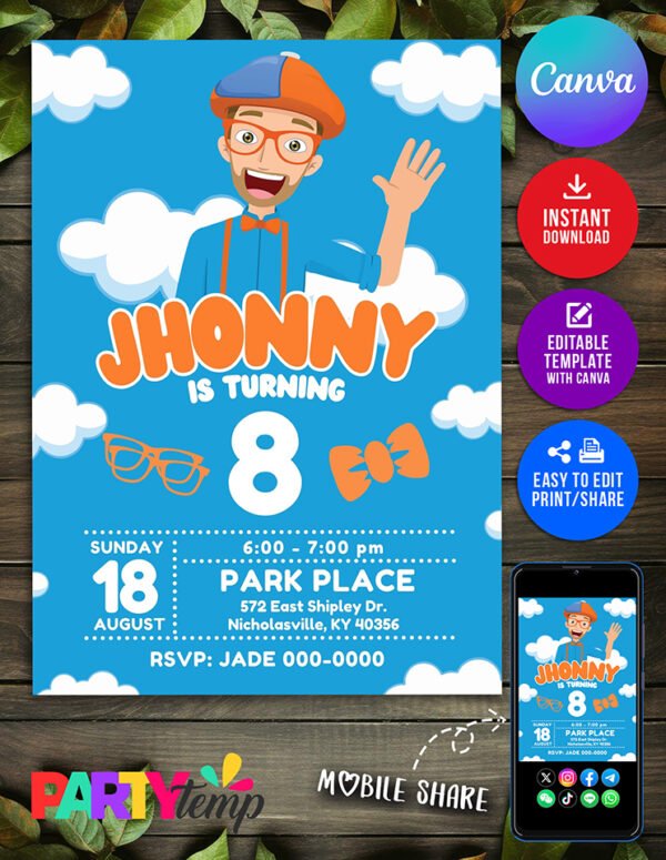 Blippi Birthday Party Invitation Editable