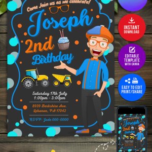 Blippi Birthday Invitation Canva Template