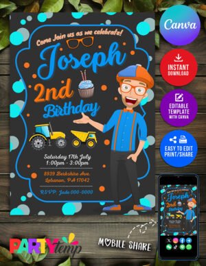 Blippi Birthday Invitation Canva Template