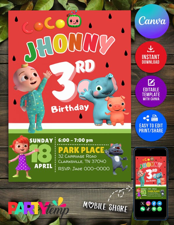 Cute Cocomelon Birthday Invitation in Canva